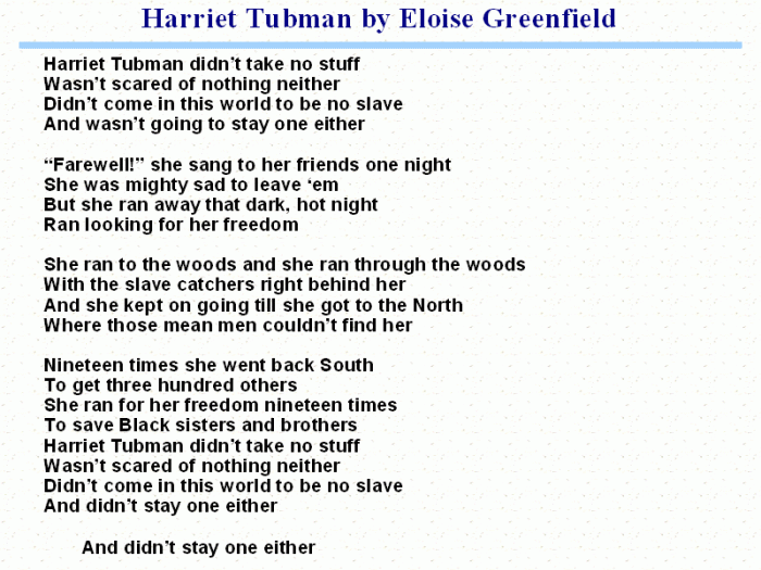 Eloise greenfield poem harriet tubman