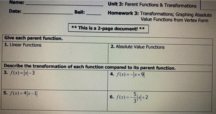 Unit 3 parent functions and transformations homework 2 answer key